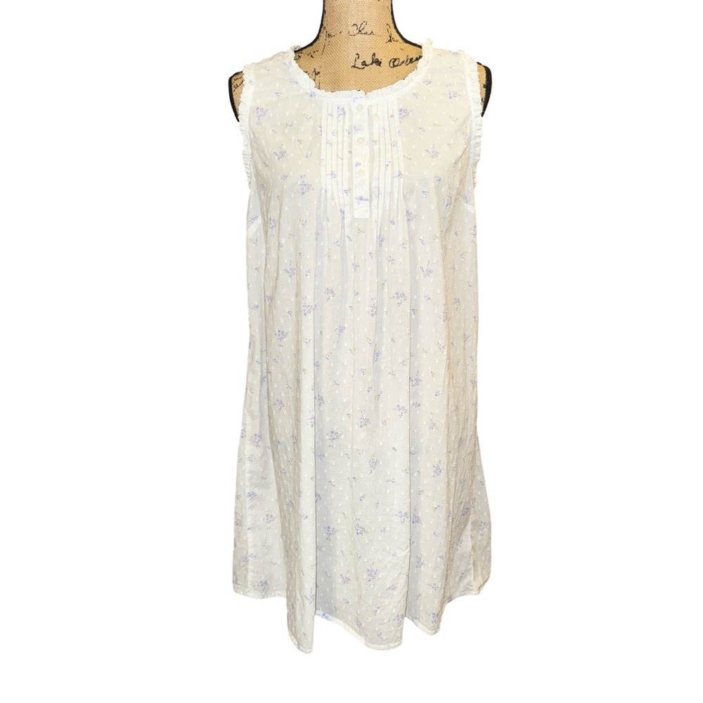 Beacon Cove Sleeveless White Swiss Dot & Floral Nightgown Size Lg